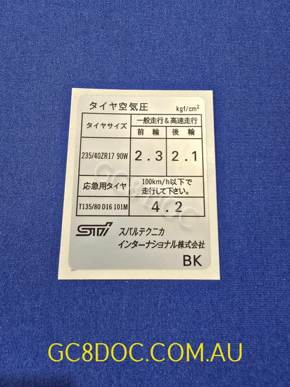 Replica Tyre Pressure Placard Sticker For 22B STI OEM P/N 28191FA770