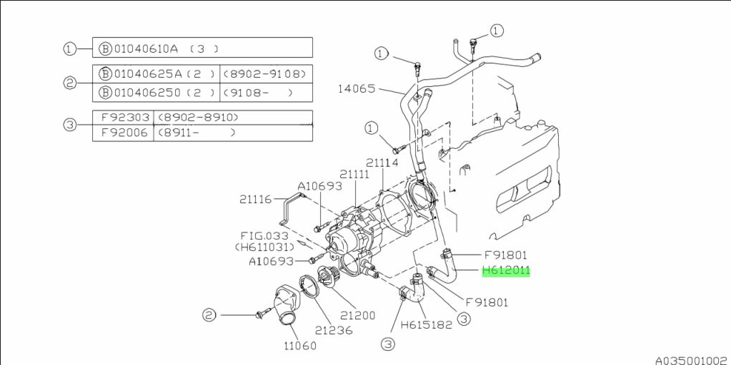 Subaru Impreza 92-21 GC8 GF8 GM8 GD Hose Coolant Bypass / Water Pump 807612011