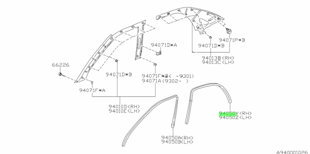 Subaru Impreza 92-00 GC8 GF8 Inner Trim Seal Rear RH 94018FA040