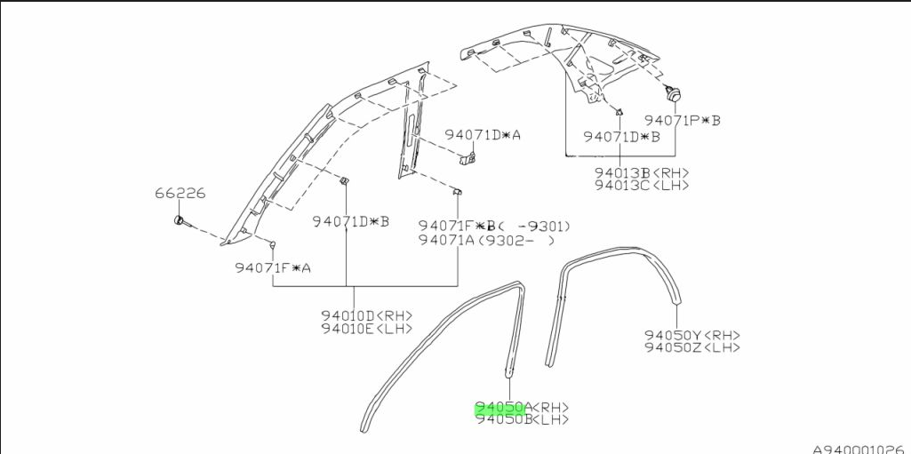 Subaru Impreza 92-00 GC8 GF8 Inner Trim Seal Front RH 94018FA000